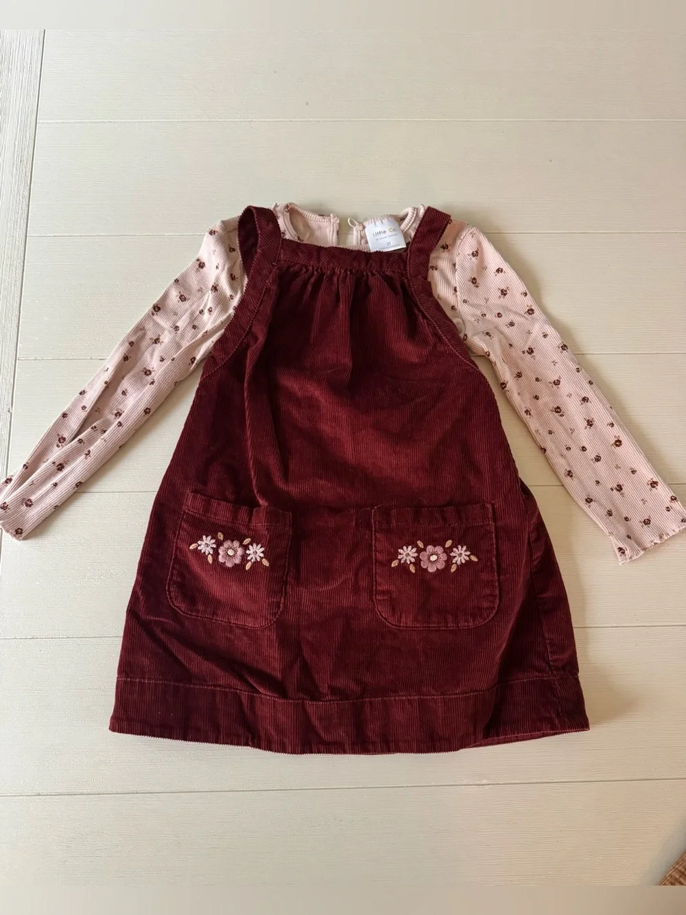 Corduroy Pinafore Dress with Floral Pockets - Burgundy